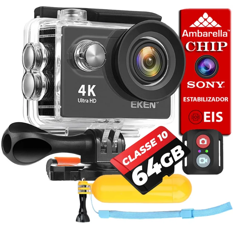 Kit Câmera Filmadora Eken H9R 4K Wi-Fi + 64GB + Bastão flutuante Estabilizador de Imagem eis Controle Remoto
