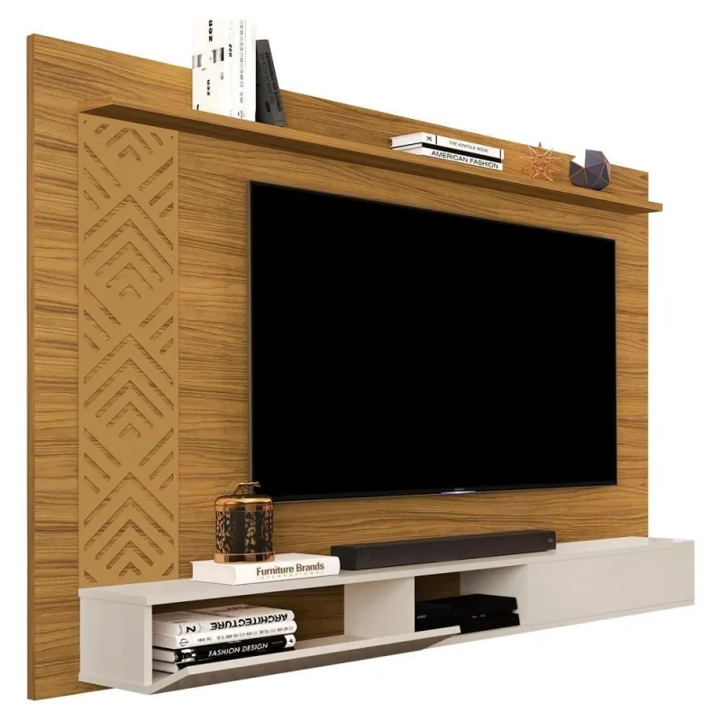 Painel Suspenso para Tv Roma 60 Pol 170cm MDF Nature para Sala Milani Movelaria - OUTRAS - Móveis