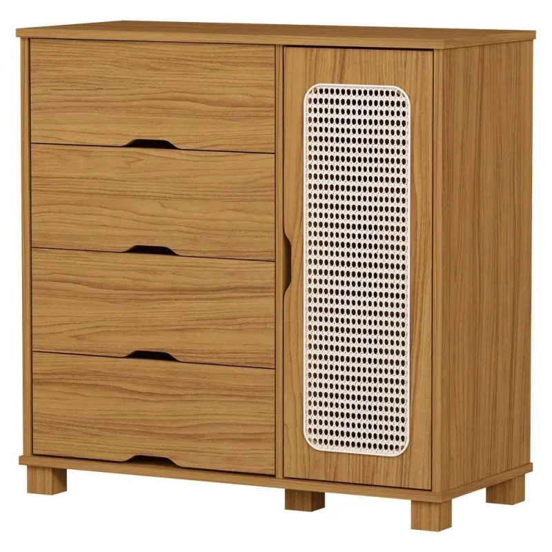 Cômoda Clara 4 Gavetas 1 Porta Mdf Puxador Usinado Marrom Nature Milani Movelaria - OUTRAS - Bebês