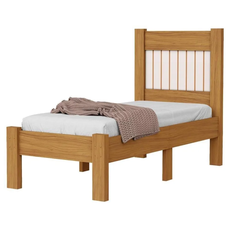Cama de Solteiro Bela em Mdf 199x95cm Off White com Cabeceira Ripada Milani Movelaria - OUTRAS - Móveis