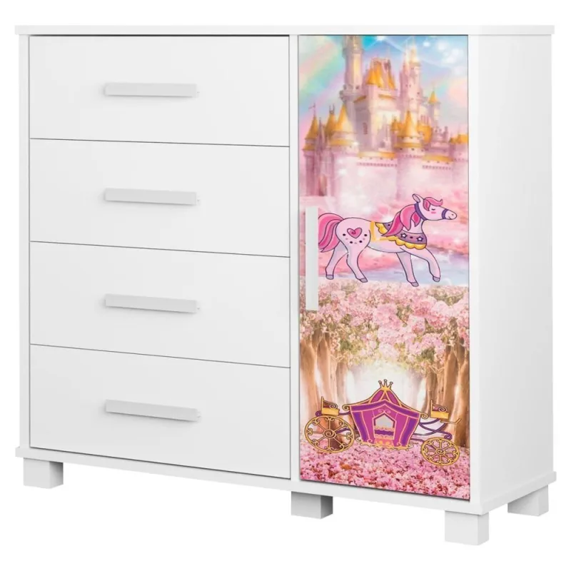 Cômoda Infantil Livia 4 Gavetas 1 Porta em MDF com Puxadores Plástico Milani Movelaria - OUTRAS - Móveis
