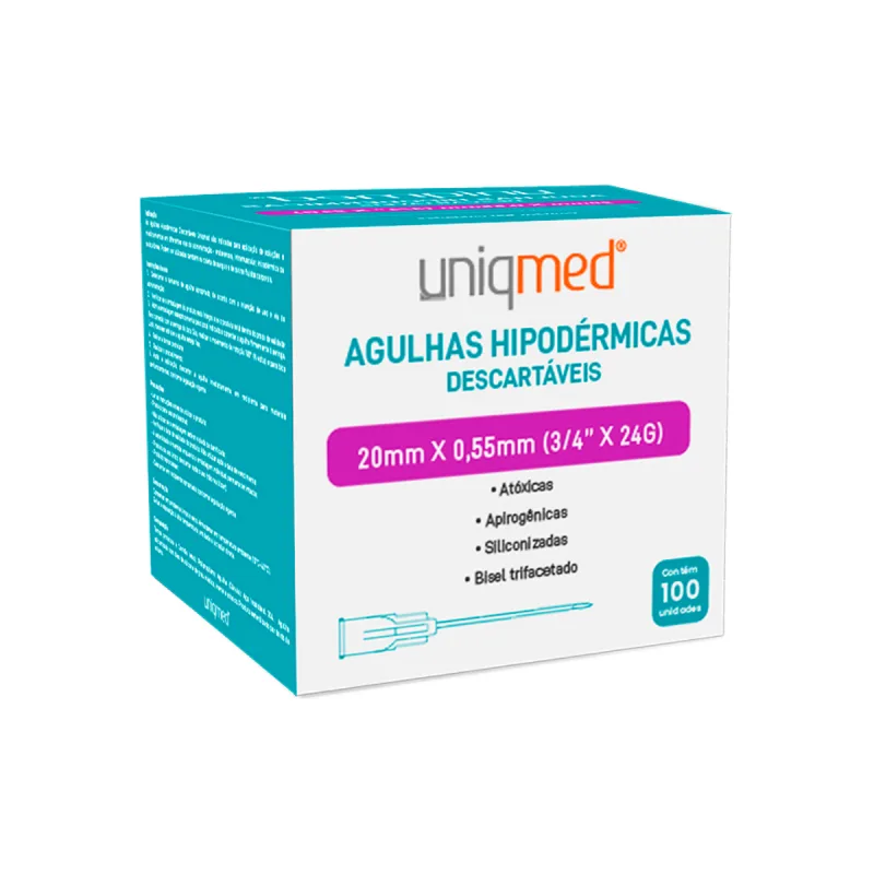 AGULHAS HIPODERMICAS UNIQMED 20MM X 0,55MM (3/4 POL X 24G) 100 unidades - Uniqmed - Agulha