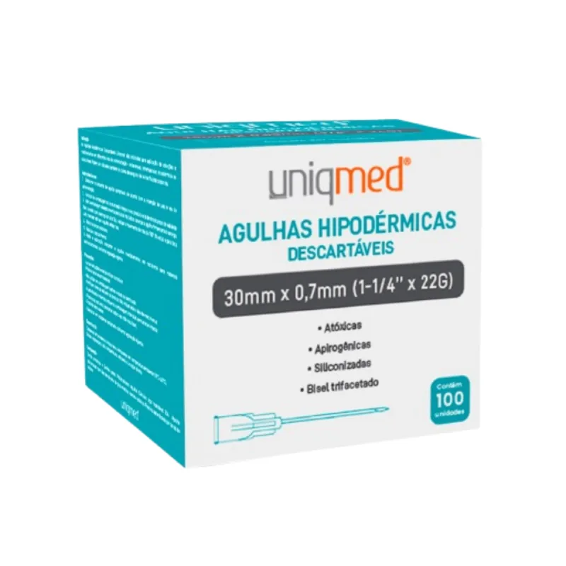 AGULHAS HIPODERMICAS UNIQMED 30MM X 0,70MM(22G X 1 1/4 POL) 100 UNIDADES - Uniqmed - Agulha