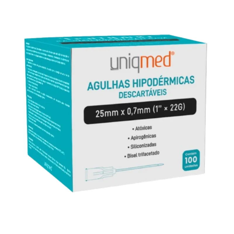 AGULHAS HIPODERMICAS UNIQMED 25MM X 0,7MM (1POL X 22G)  100 unidades - Uniqmed - Agulha