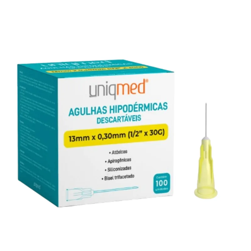 AGULHAS HIPODERMICAS UNIQMED 13MM X 0,3MM (1/2POL X 30G)  100 UNIDADES - Uniqmed