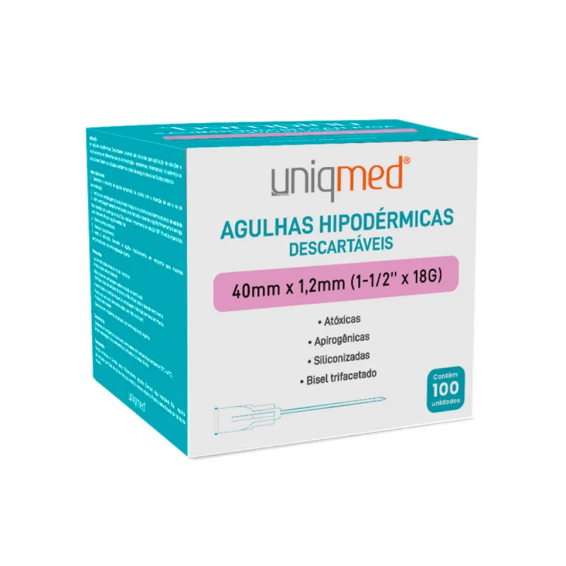 AGULHAS HIPODERMICAS UNIQMED 40MM X 1,2MM (1-1/2POL X 18G)  100 unidade - Uniqmed