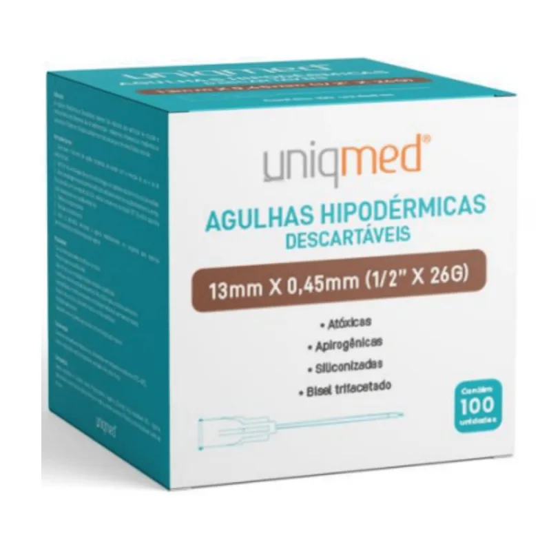 AGULHAS HIPODERMICAS UNIQMED 13MM X 0,45MM (1/2POL X 26G) 100 unidades - Uniqmed