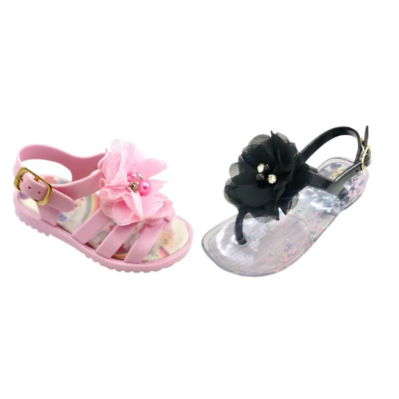 Kit 2 Pares Sandália Bebê Chinelo Infantil Flor Pérola Meninas Preto Juju
