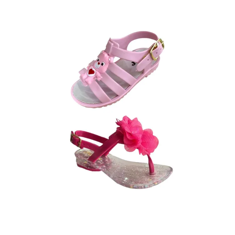 Kit 2 Pares Papete Beby Ursinho E Chinelo Infantil Meninas Flor Pérola Juju