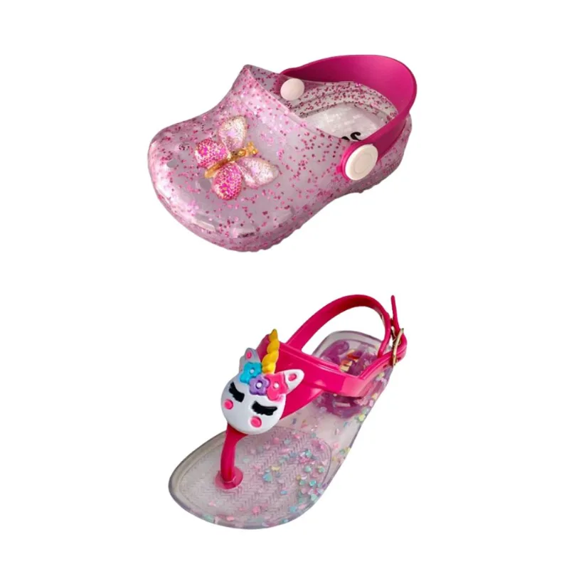 Kit 2 Pares Babuche Infantil Borboleta Glitter Juju E Chinelo Baby Unicórnio Meninas Juju