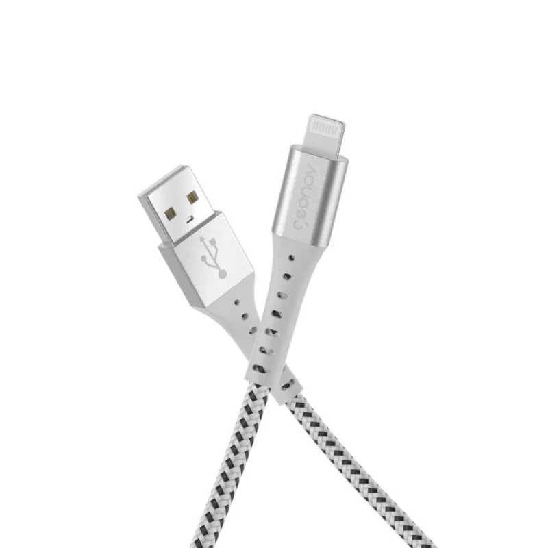 Cabo USB-A Lightning Geonav 1,20m 12W 2.4A Nylon Trancado Branco ESLIWT
