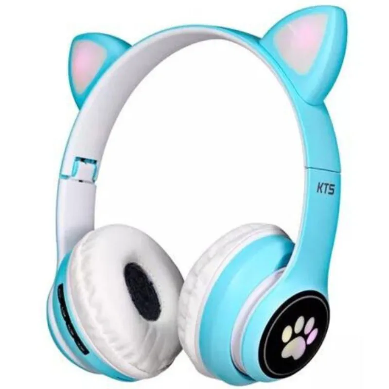 Fone Bluetooth Orelha De Gato Led Colorido Azul