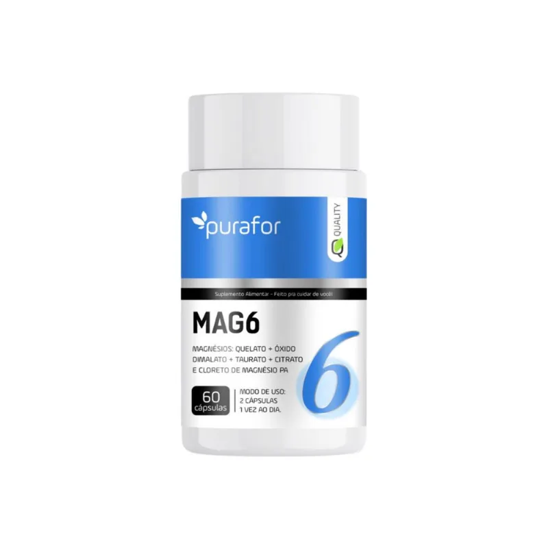 Mag6 6 Magnésios Quelato + Óxido + Dimalato + Taurato + Citrato e Cloreto de magnésio PA Purafor 500mg por cápsula 100%