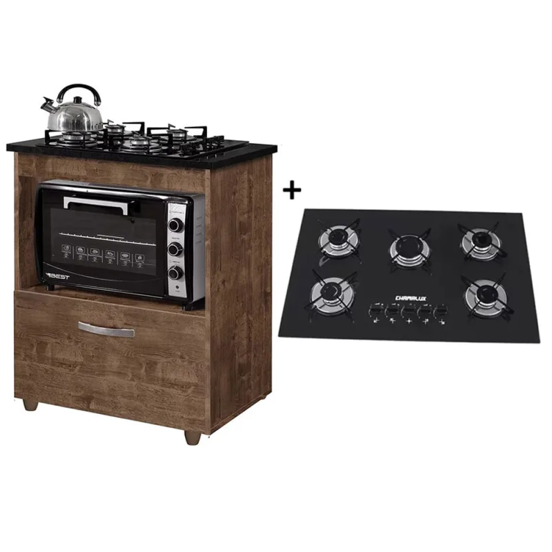 Kit Balcão Cooktop Cozinha Salvia Ipê E Fogão Cooktop Ultrachama 5 Bocas Preto - Não Informado - Móveis