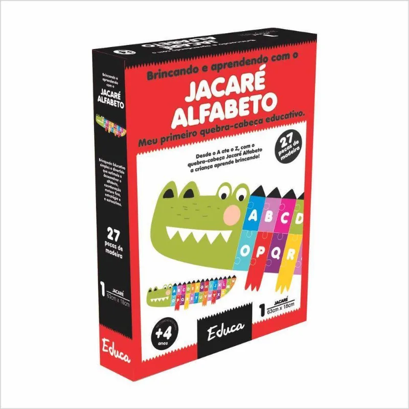 Brinquedo Educativo Jacaré Alfabeto Aprendizado Interativo Com Madeira MDF 68cm 27 Peças