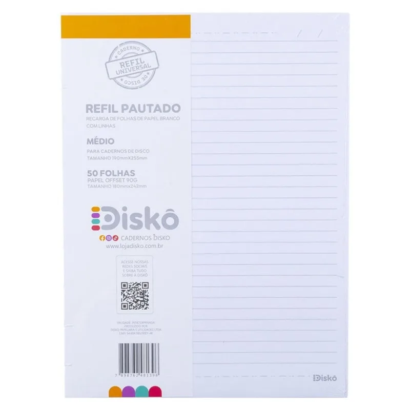 Refil Disko 50 Folhas Pautadas Médio Caderno Disco Reposicionável Escolar - Genérica - Papelaria