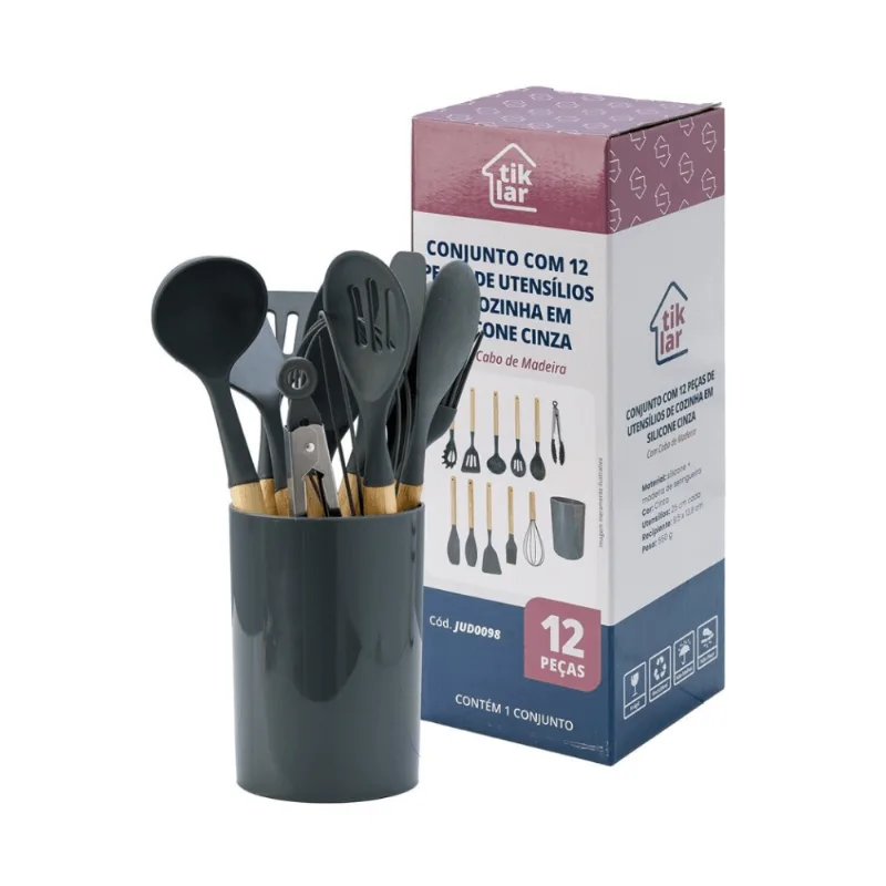 Conjunto Com 12 Peças De Utensílios De Cozinha Com Silicone Cinza Tiklar