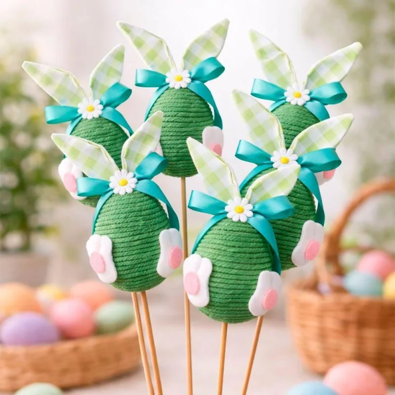 Decoração Palito Ovos de Páscoa com Coelho Verde Kit 4pçs - OUTRAS