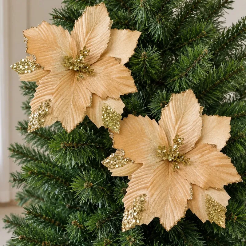 Flores Natalina Artificial Camurça Glitter Dourado 28cm 4 Peças - Genérico