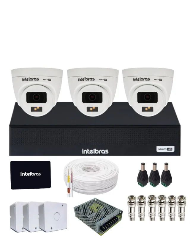 Kit CFTV Com 3 Câmeras Intelbras 1120d Full Color  720p  DVR intelbras 1104-c  SSD 512gb Instalado - Intelbras