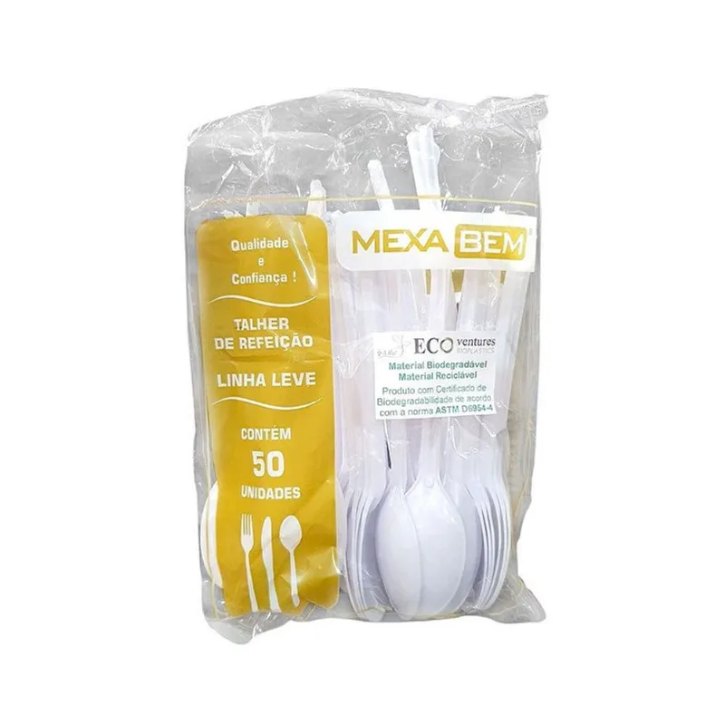 Colher de plástico refeição biodegradável branca c/ 50 unidades mexa bem