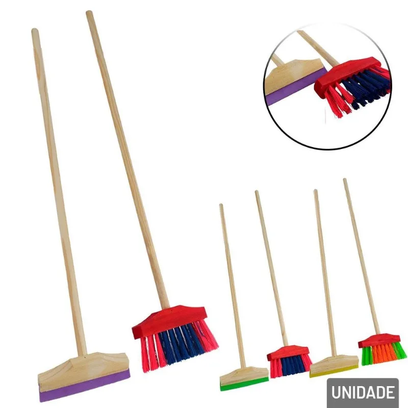 Kit Vassoura E Rodo Infantil De Madeira 66cm Color - Tudo Em Caixa