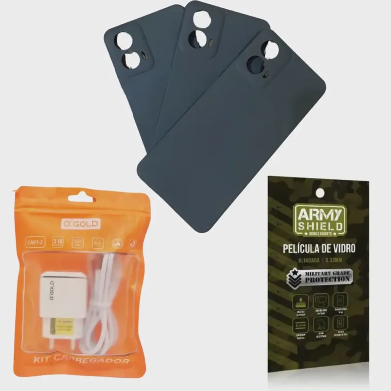 Kit Capinha AntiShock Preto p/ Moto G24 + Carregador Turbo + Pelicula 3D - ArmyShield - ArmyShield - Celulares E Smartphones