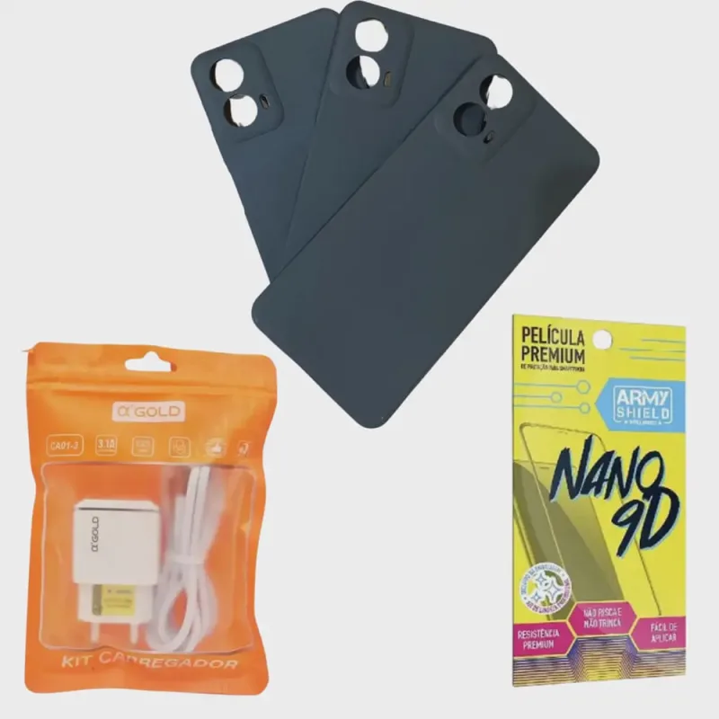 Kit Capinha AntiShock Preto p/ Moto G04 + Carregador Turbo + Pelicula 9D - ArmyShield - ArmyShield