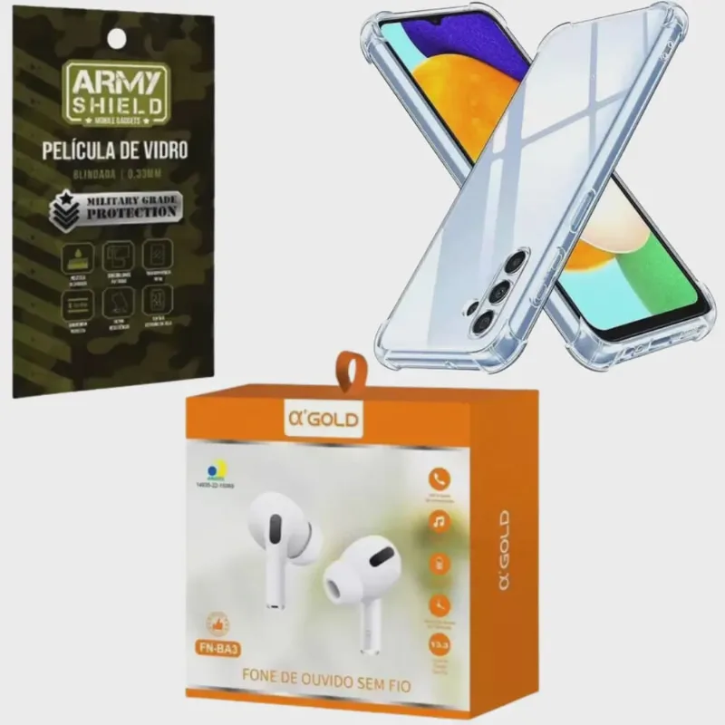 Kit Capinha Samsung Galaxy A21s + Fone Bluetooth + Pelicula de Vidro 3D Armyshield