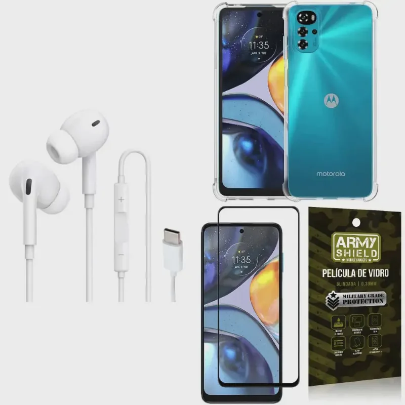 Capinha Moto G22 + Fone Tipo C Intra Auricular + Película 3D