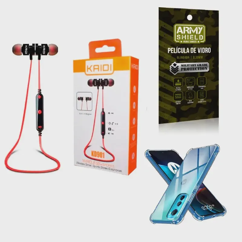 Kit Capinha Motorola Edge 30 + Fone Bluetooth Esportivo e Película de vidro 3D