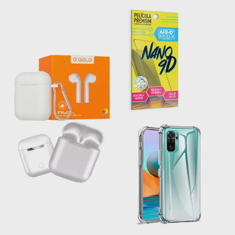 Kit Fone Sem fio + Capinha Xiaomi RedmiNote 10S + Película 9D