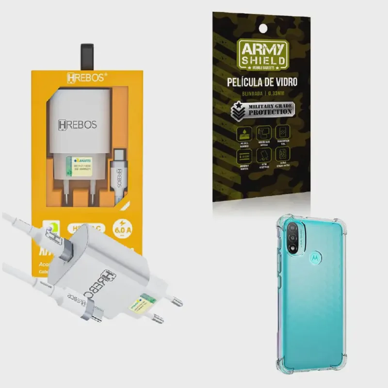 Kit Carregador Turbo + Capinha Motorola E20 + Película 3D - Não Disponível - Computadores E Informática