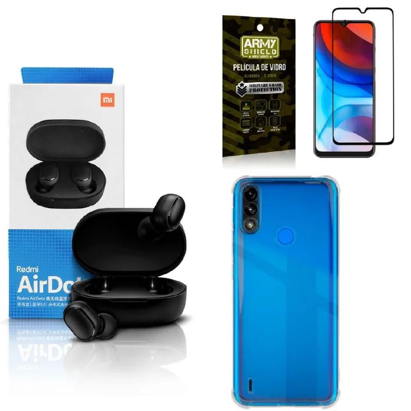 Kit Fone AirDots Bluetooth Moto E7 Power + Película Vidro 3D