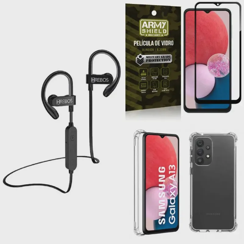 Kit Capinha Samsung A13 4G + Fone Bluetooth HS188 + Película 3D Armyshield
