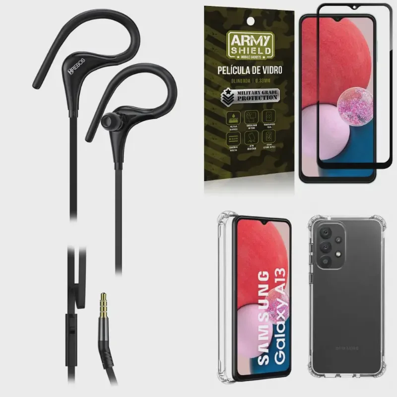 Kit Capinha Samsung A13 4G + Fone de Ouvido Sport HS92 + Película Vidro 3D