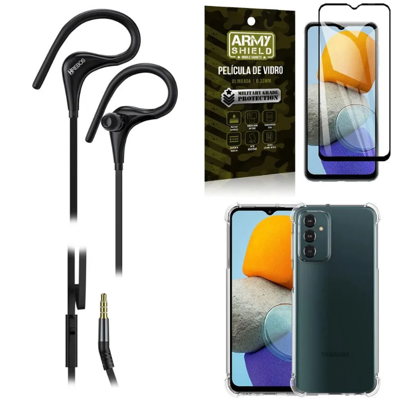 Kit Capinha Samsung M23 5G + Fone de Ouvido Sport HS92 + Película Vidro 3D