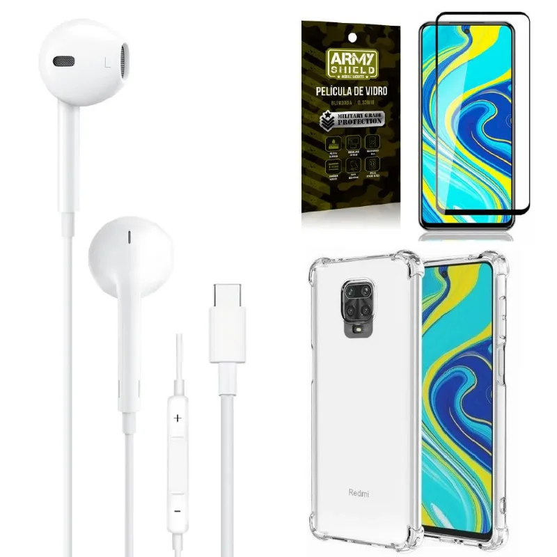 Capa Capinha Redmi Note 9S + Fone de Ouvido Tipo C de alta qualidade + Película 3D