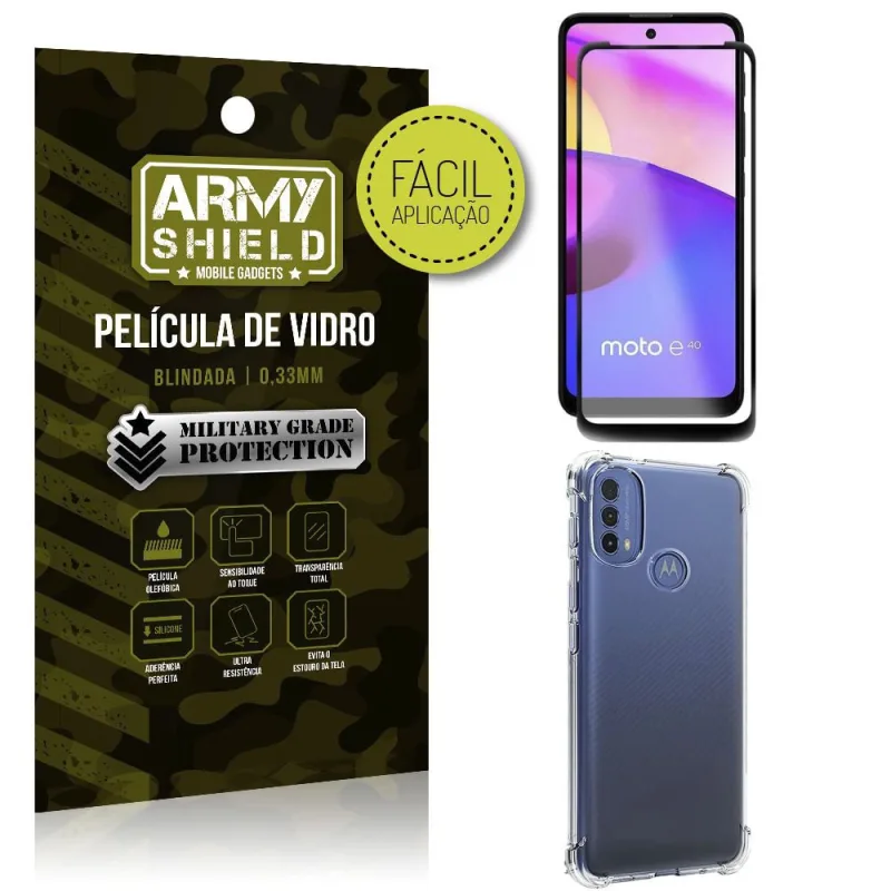 Kit Moto E40 Película 3D Fácil Aplicação + Capa Anti Impacto - Armyshield - ArmyShield - Celulares E Smartphones