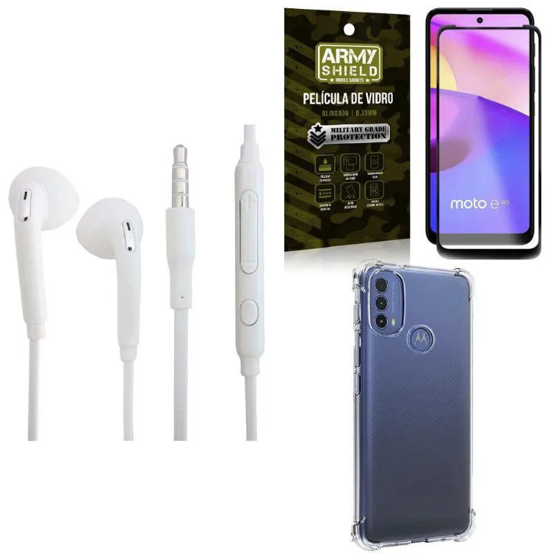 Kit Moto E40 Fone de Ouvido + Capa Anti Impacto + Película Vidro 3D - Armyshield