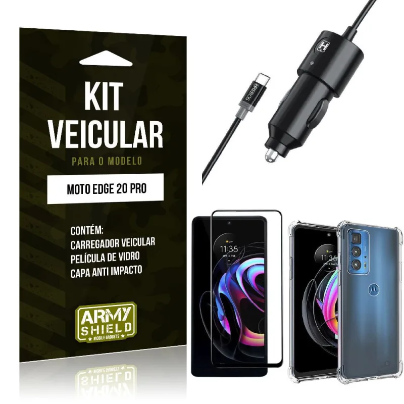 Kit Moto Edge 20 Pro Carregador Veicular Tipo C + Capa Anti Impacto + Película Vidro 3D -Armyshield - ArmyShield - Celulares E Smartphones