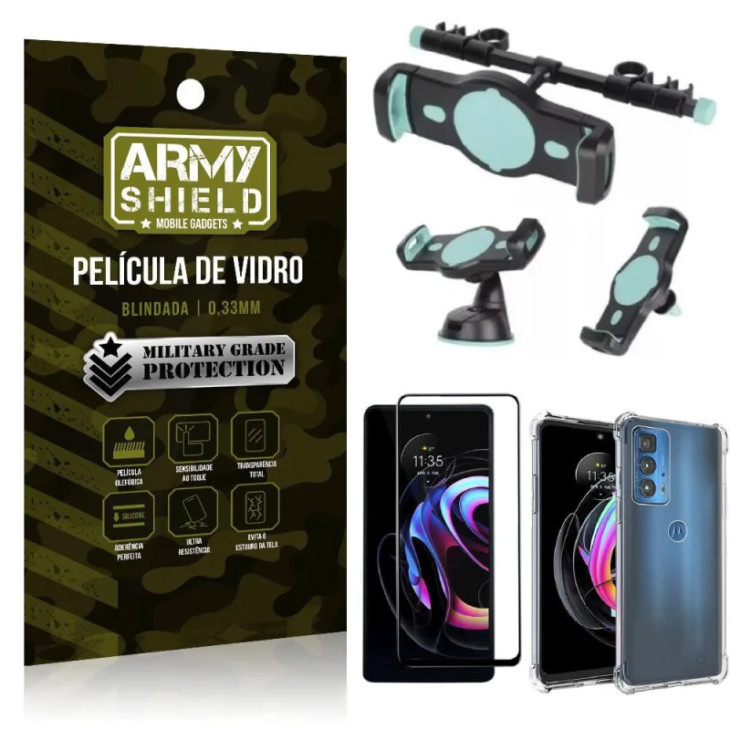 Kit Moto Edge 20 Pro Suporte Veicular 3 em 1 + Película 3D + Capa Anti Impacto - Armyshield - ArmyShield - Celulares E Smartphones