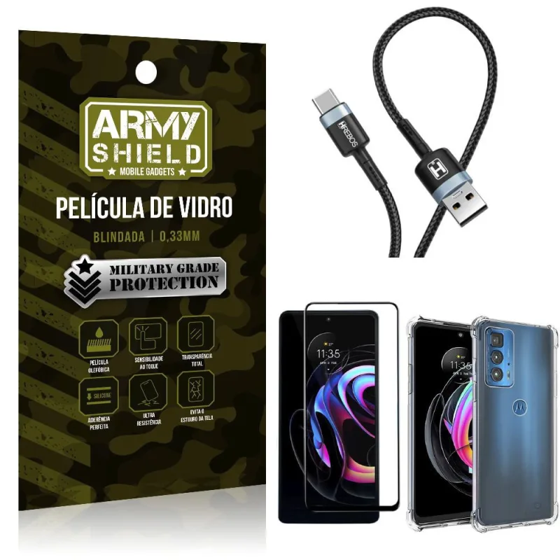 Kit Moto Edge 20 Pro Cabo Usb Tipo C HS-302 + Capa Anti Impacto + Película Vidro 3D - Armyshield - ArmyShield - Celulares E Smartphones