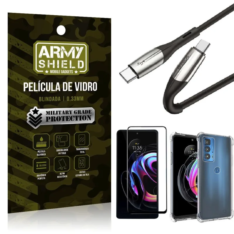 Kit Moto Edge 20 Pro Cabo Usb Tipo C para Usb-C HS-167 + Capa Anti Impacto + Película 3D -Armyshield - ArmyShield - Celulares E Smartphones