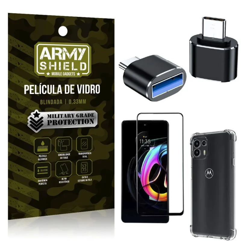 Kit Moto Edge 20 Lite Adaptador otg Tipo C para USB + Capa Anti Impacto + Película 3D - Armyshield - ArmyShield - Celulares E Smartphones