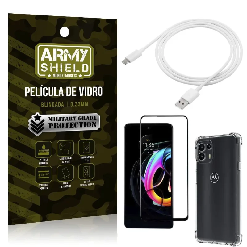 Kit Moto Edge 20 Lite Cabo USB Tipo C 2m + Capa Anti Impacto + Película Vidro 3D - Armyshield - ArmyShield - Celulares E Smartphones