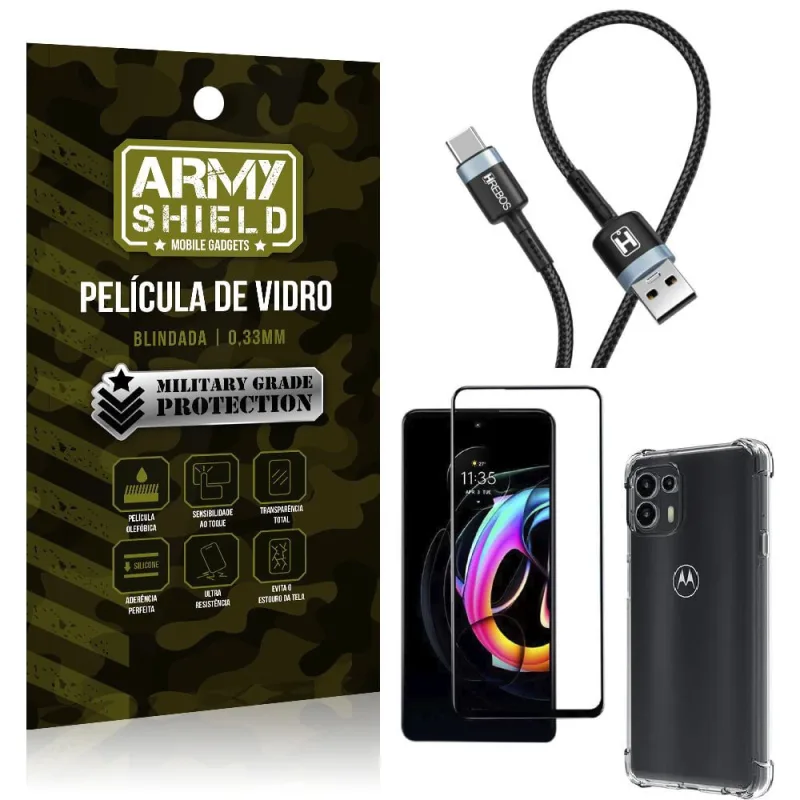 Kit Moto Edge 20 Lite Cabo Usb Tipo C HS-302 + Capa Anti Impacto + Película Vidro 3D - Armyshield - ArmyShield - Celulares E Smartphones