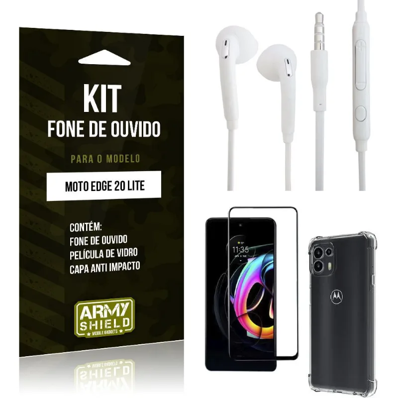 Kit Fone de Ouvido Moto Edge 20 Lite + Capa Anti Impacto + Película Vidro 3D - Armyshield