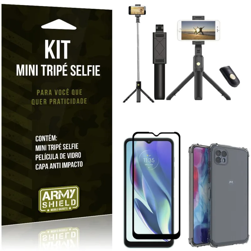 Kit Moto G50 5G Mini Tripé Selfie Bluetooth para + Capa Anti Impacto + Película 3D - Armyshield - ArmyShield - Celulares E Smartphones