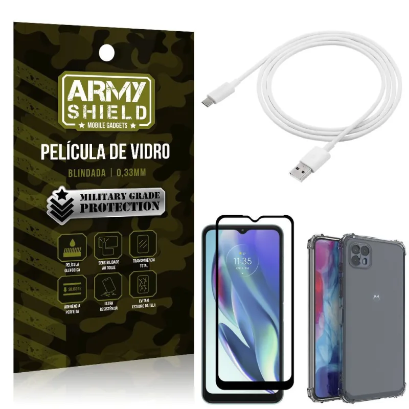 Kit Moto G50 5G Cabo USB Tipo C 2m + Capa Anti Impacto + Película Vidro 3D - Armyshield - Não Disponível - Computadores E Informática